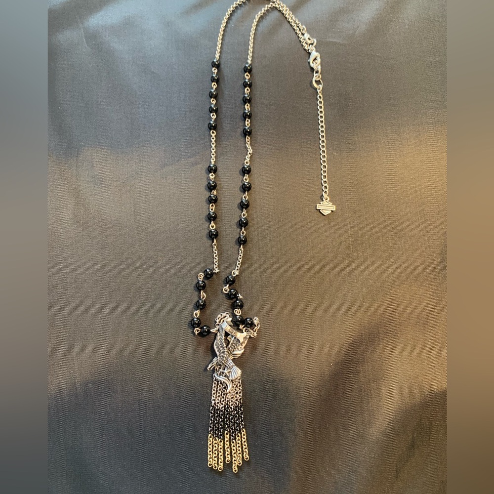Harley-Davidson Silver and Black Beaded Tassel Necklace